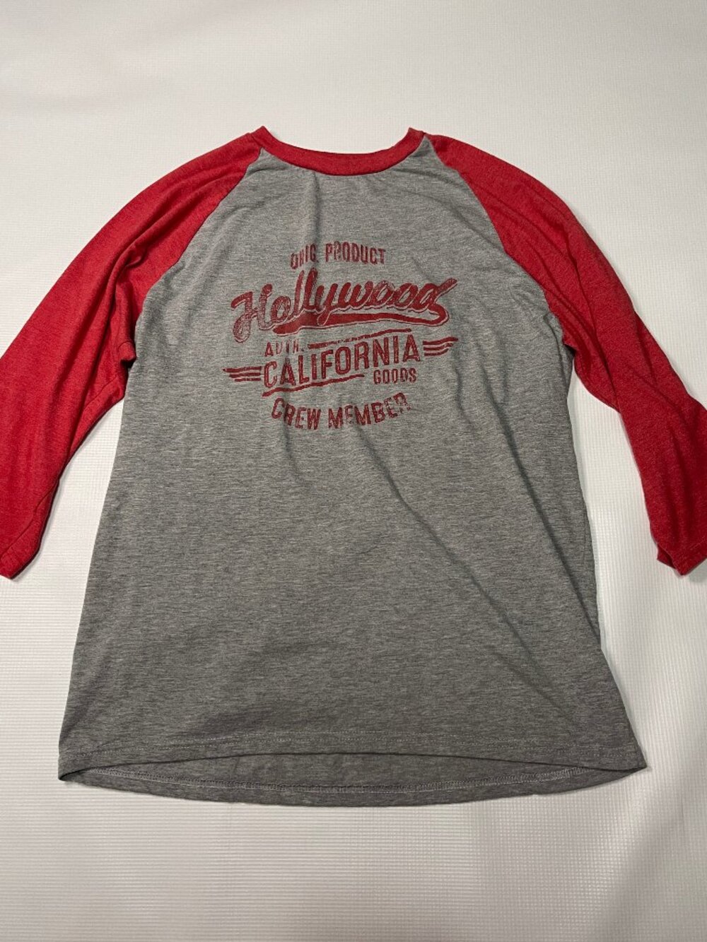 MV Sport Hollywood California Crew Member Raglan 3/4 Sleeve Tee, Grey and Red, M